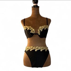 Vintage 90s Italian Grecian Style Black and Gold Bikini Set